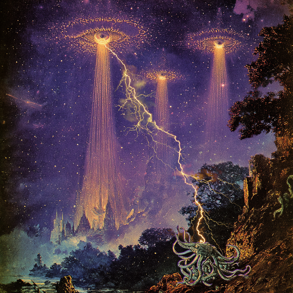 Elder Gods Vanquishing the Great Old Ones, by JFMorales / Midjourney AI 7 / Photoshop / 2025